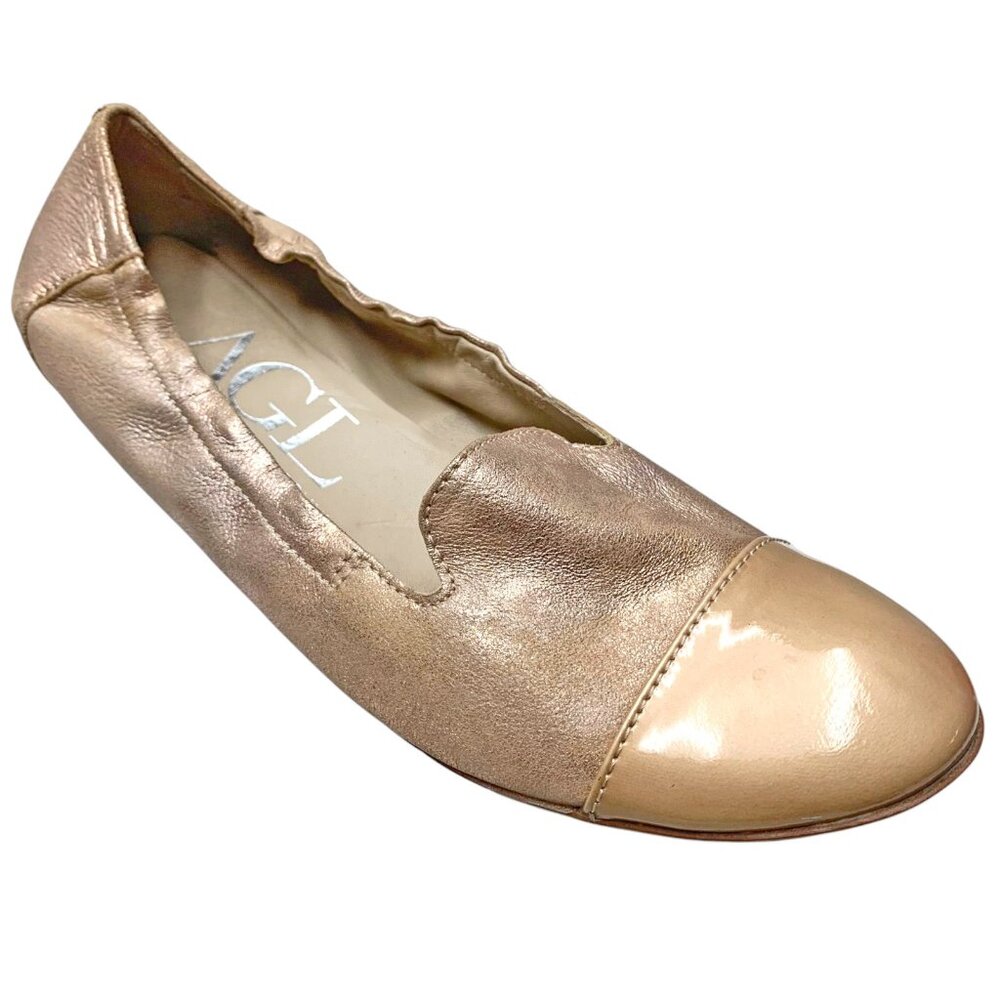 AGL Metallic Leather Nude Patent Leather‎ Cap Toe Ballet Flats